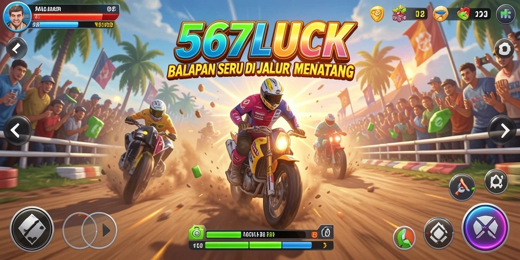 Screenshot gameplay 567LUCK dengan kendaraan balap di jalur yang menantang.