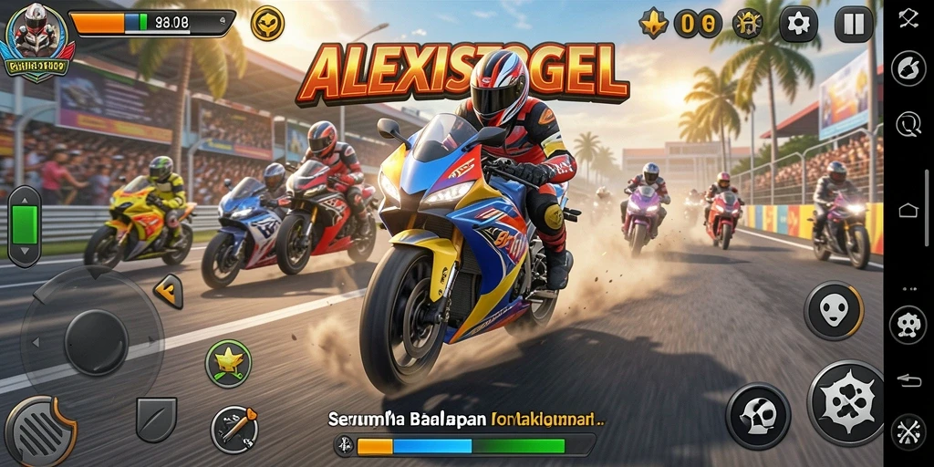 Gameplay ALEXISTOGEL dengan motor balapan yang seru dan cepat.