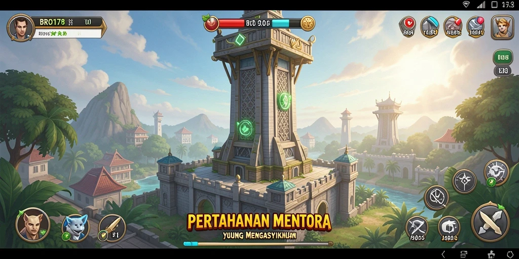 Screenshot gameplay BRO178 menampilkan aksi pertahanan menara yang mendebarkan.
