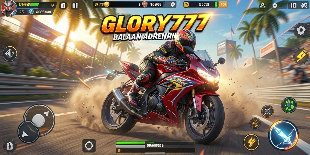 Tangkapan layar GLORY777 menunjukkan momen balapan yang mendebarkan dengan motor cepat.
