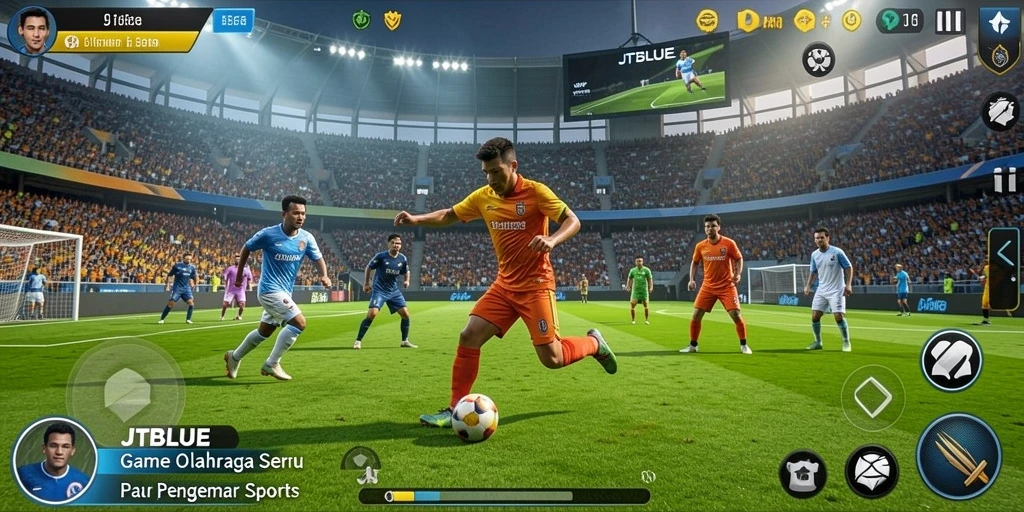 Screenshot utama JTBLUE menampilkan aksi seru dalam permainan olahraga.