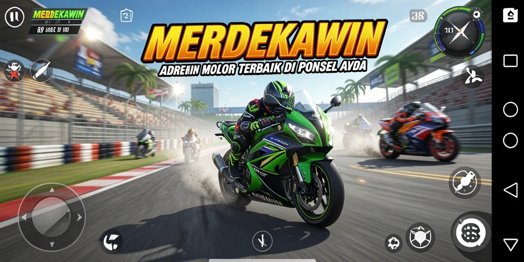 Tampilan gameplay <strong>MERDEKAWIN</strong> yang menegangkan saat balapan motor.