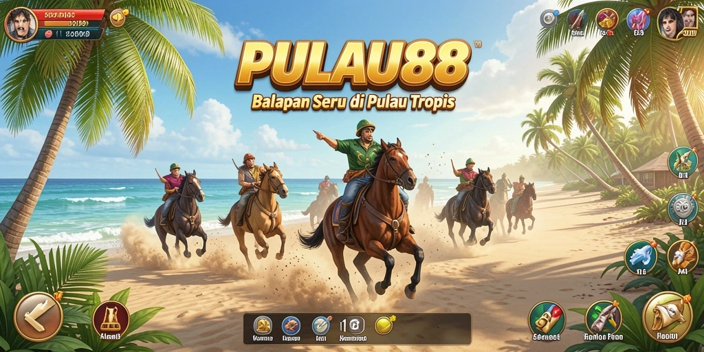 Screenshot PULAU88 menampilkan aksi balapan seru di trek tropis.