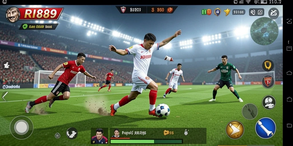Screenshot utama <strong>RI889</strong> menunjukkan aksi seru di lapangan sepak bola.