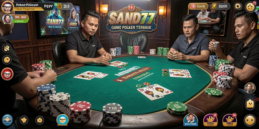 Screenshot gameplay SAND77 yang menampilkan suasana Poker yang seru.