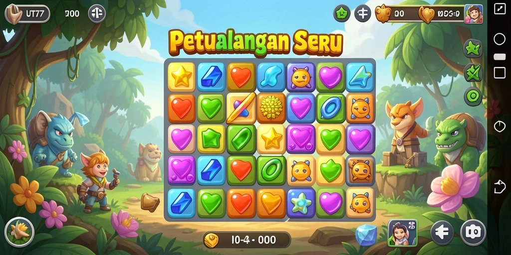 Tampilan gameplay UT77 dengan permata berwarna-warni dan tantangan Match-3.